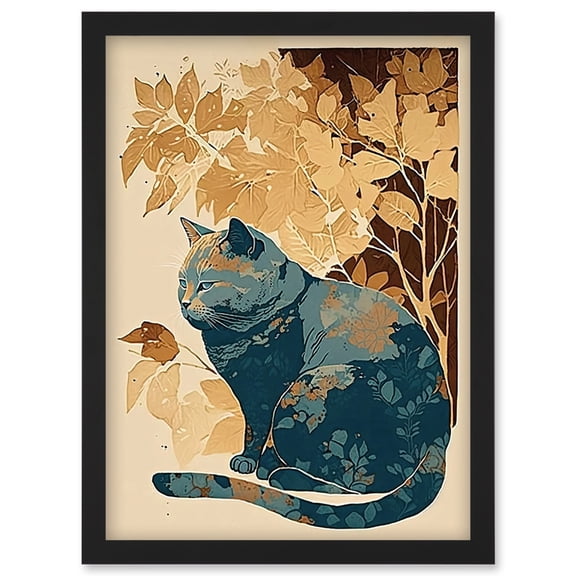 Cat by Countryside Shrub Bush in Autumn Modern Linocut Illustration Artwork Framed Wall Art Print A4