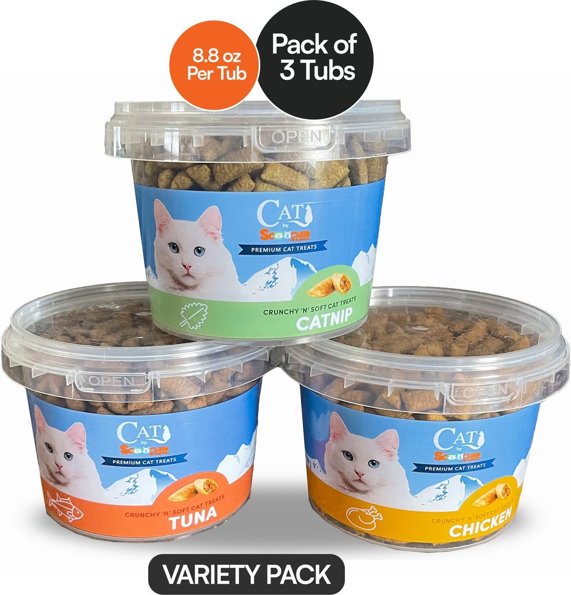 Cat by Scoochie Sensations Mixed Variety Pack Catnip, Chicken, Tuna Filled Crunchy Cat Treats, 3CT