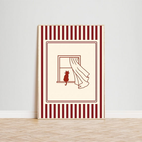 Cat by the Window Poster – Minimalist Retro Wall Art, 8x12 UNFRAMED