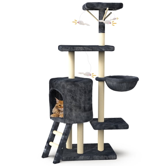 53in Cat Tree, Multi-Level Cat Tower with Sisal Scratching Posts, Climbing Ladder, Hanging Toys, Condo & Hammock, Durable Pet House Furniture for Indoor Kittens, Gray