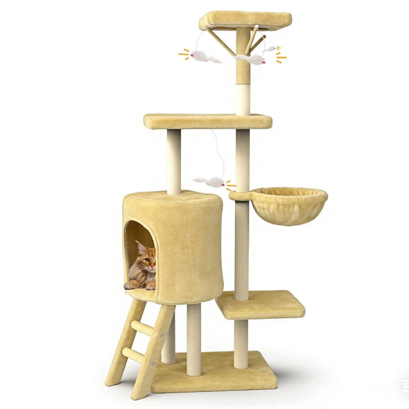 Cat Tree, 53in Cat Tower with Sisal Scratching Posts, Climbing Ladder, Hanging Toys, Pet House Furniture for Indoor Kittens, Beige