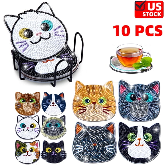 Cat coasters, Diamond Art Coasters Kits for Adults with Holder Cork Pads, 10 Pcs Cat DIY Diamond Art Dots Painting Coasters Kits for Adults Beginners