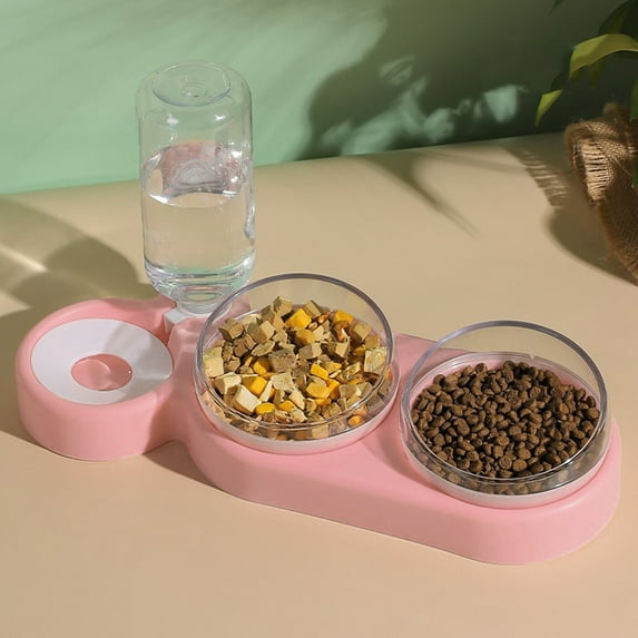 Cat double bowl automatic pet bowl feeder dog drinking fountain cat bowl dog bowl cat bowl cat supplies drinking fountain (pink)