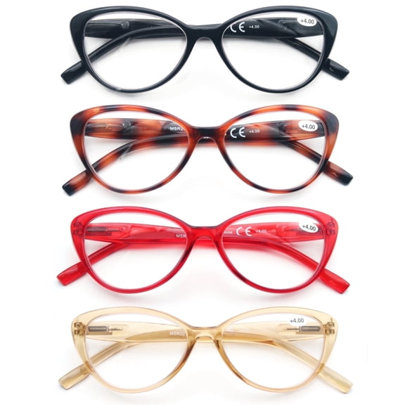 Cat eye Women Reading Glasses - 4 Pairs Ladies Readers Spring Hinges Glasses Frame For Women +4.00