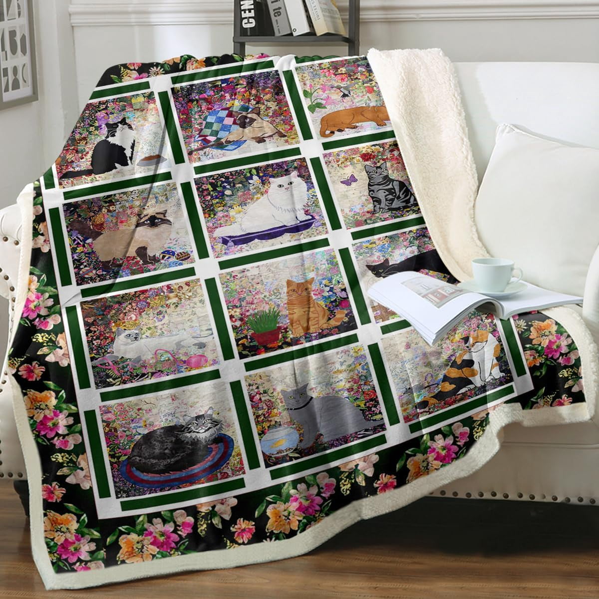 Floral Kitten Cat Pattern Print Blanket main image 0