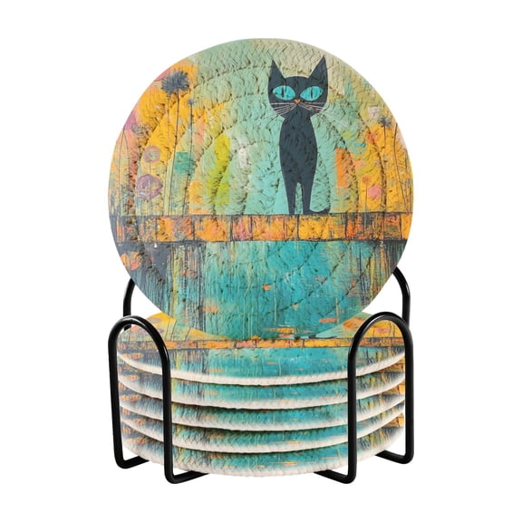 Cat in Abstract Painting Style Drink Coasters with Holder Absorbent Coaster for Coffee Table Room Decor 6 Pack