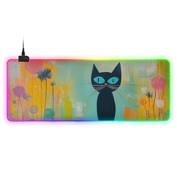Cat in Abstract Painting Style RGB Gaming Mouse Pad Large Keyboard Mat Rubber Base 13 Light Modes