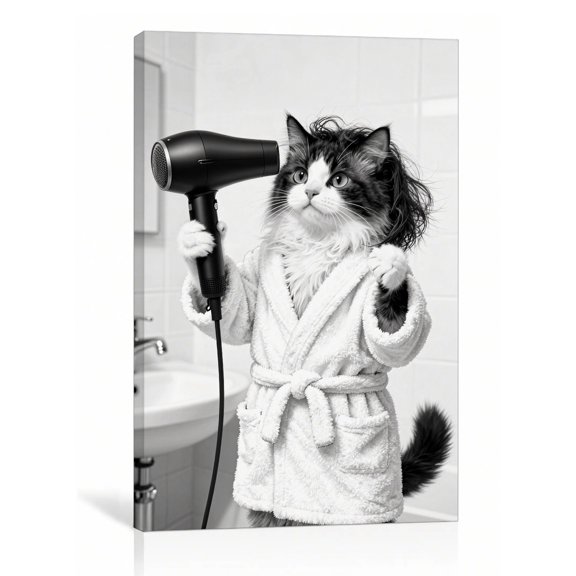 Cat in Bathrobe with Hair Dryer Funny Bathroom Wall Art, Black White Pet Canvas Print, Unframed Vanity Decor for Guest Bath, 28"L x 40"W