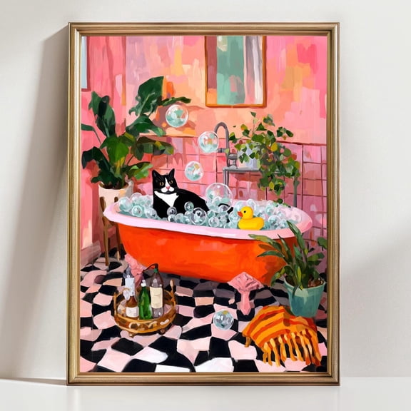 Cat in Bathtub Art Whimsical Animal Wall Art Tuxedo Cat Bubbles Cute Bathroom Decor