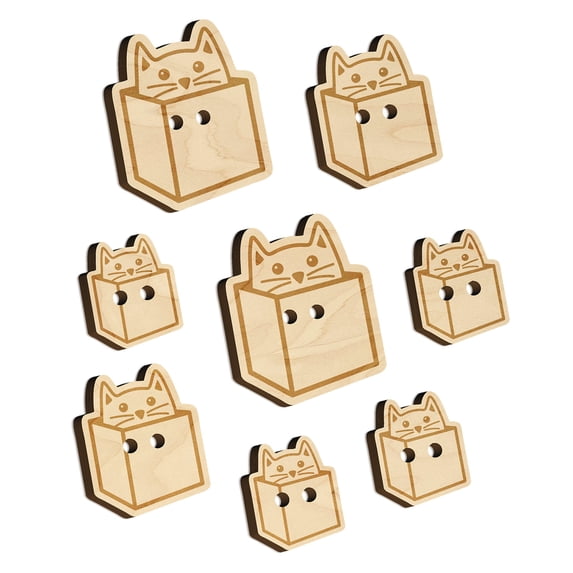 Cat in Box Wood Buttons for Crochet Knitting Sewing DIY Craft - 0.75 Inch Small (12pcs)