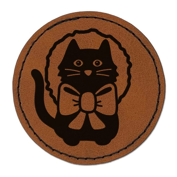 Cat in Christmas Wreath 2.5" Faux Leather Round Engraved Iron-On Patch - Brown
