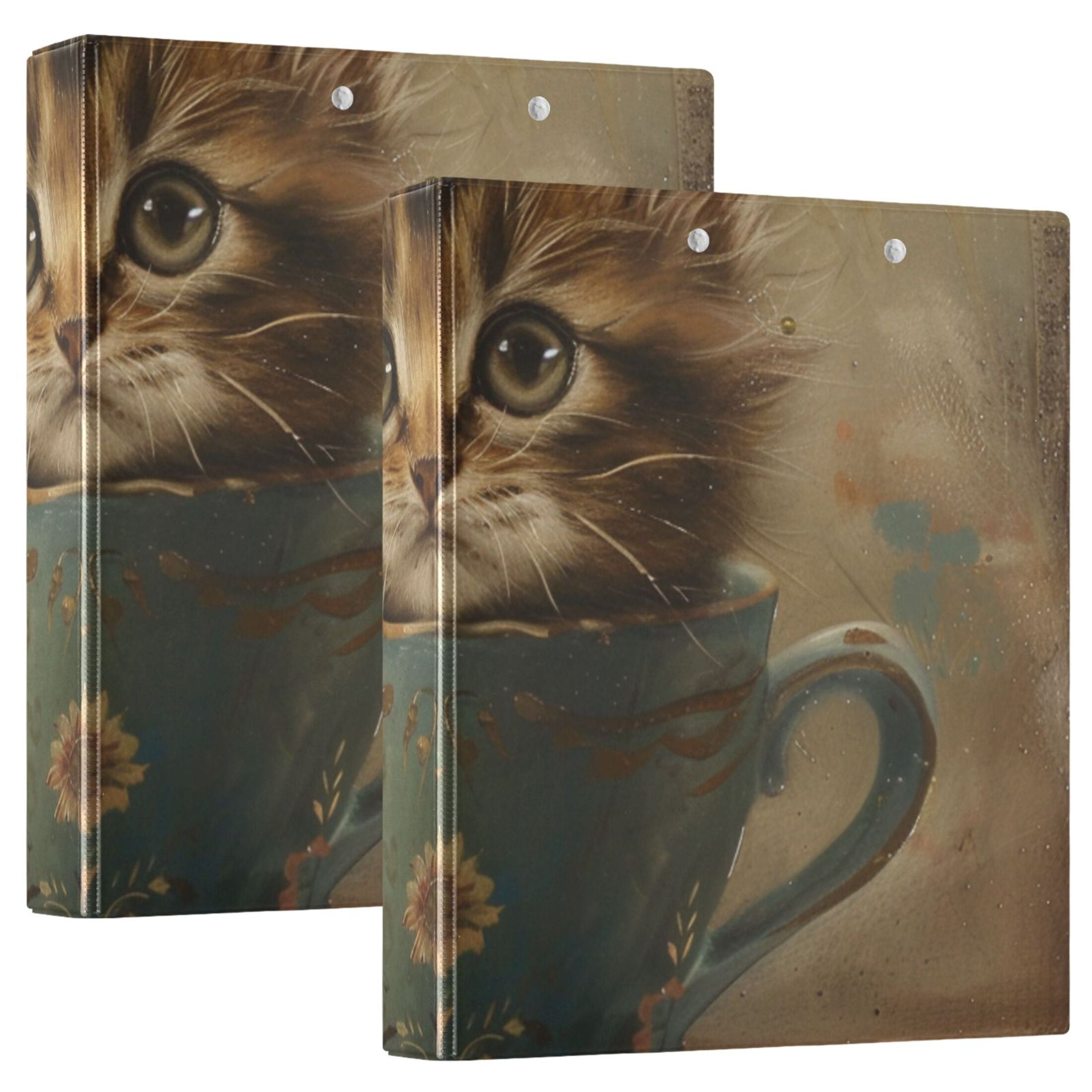 Cat in Cup 3 Ring Binders 1.5 inch Hardcover File Folders with Interior Pockets A4 Size Organizer for School Office Hospital