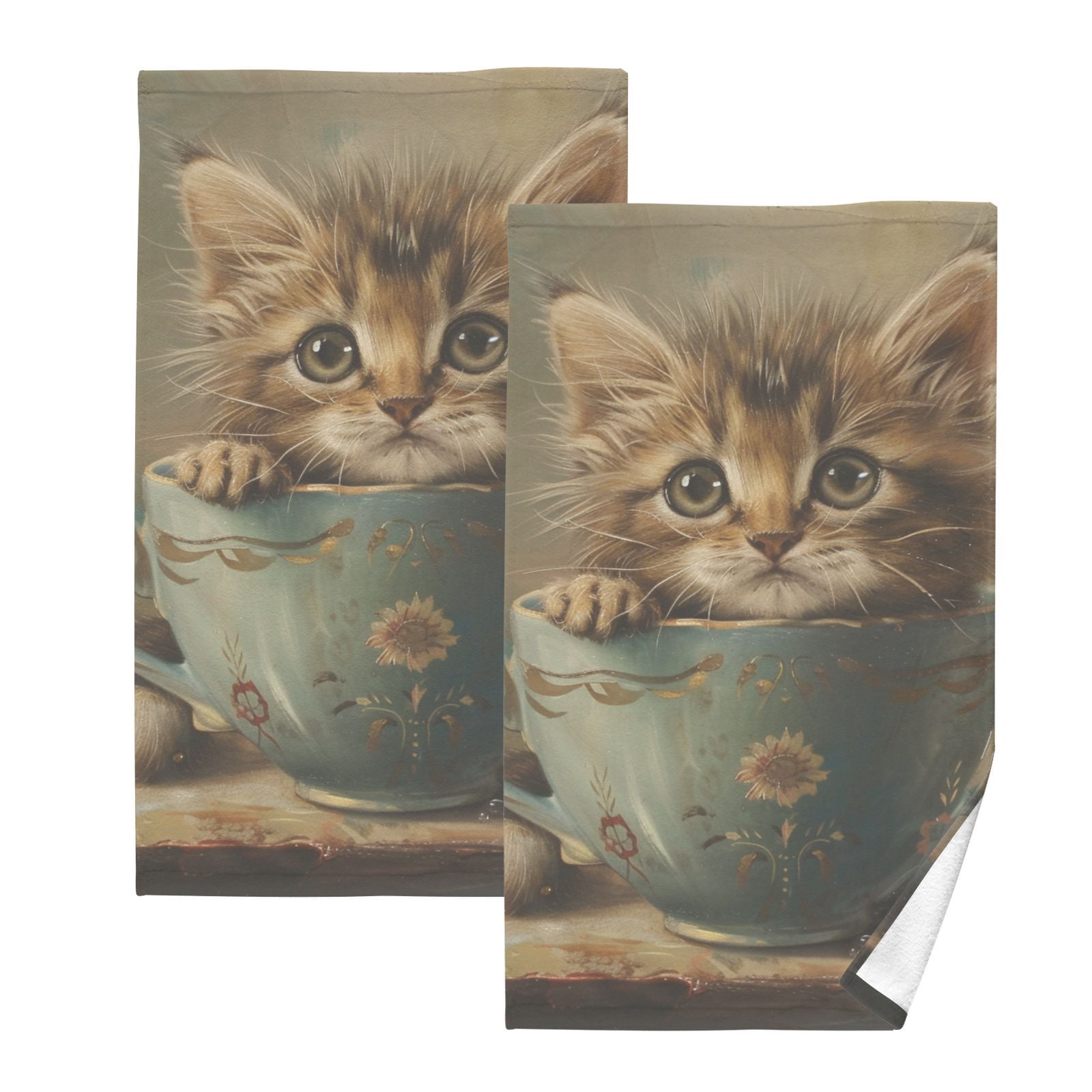 Cat in Cup Hand Towels Cotton Bath Towels Large Face Towels Absorbent for Bathroom 2 Packs