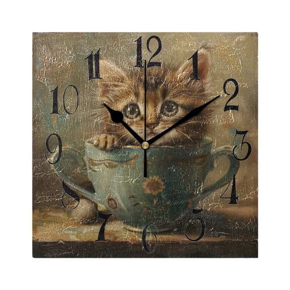 Cat in Cup Wall Clock Decorative Square Silent Non-Ticking Operated Clocks Aesthetic for Bedroom Living Room