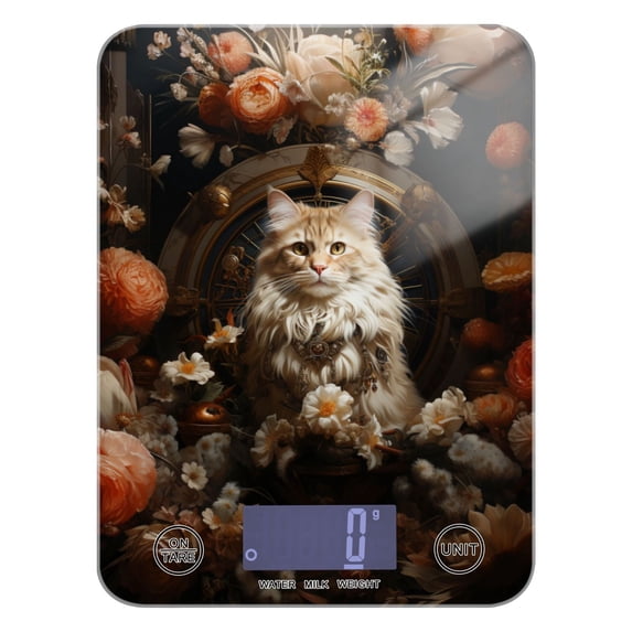Cat in Flowers Floral Food Scale Digital Kitchen Scale Waterproof Tempered Glass Tare Function 11 lb for Baking Cooking Meal Prep