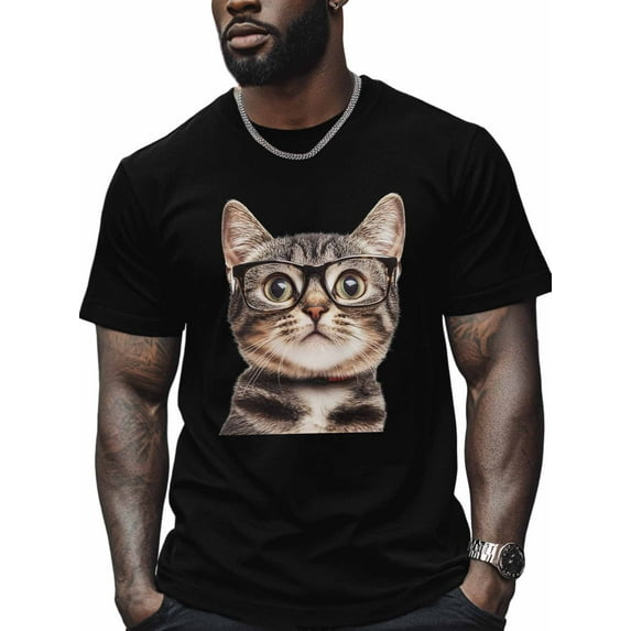Cat in Glasses Men's T Shirts Cute Animal T-Shirt for Men Crew Neck Tees Cotton Tops, Black, S