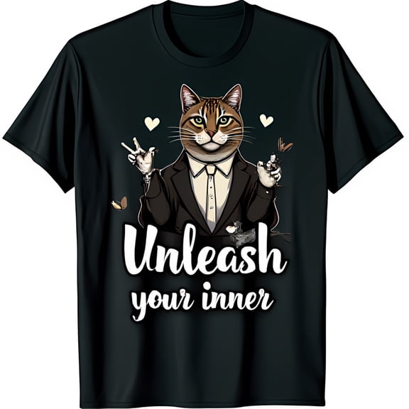 Cat in Graphic Black T-Shirt Serious Cat with Peace Sign & Hearts