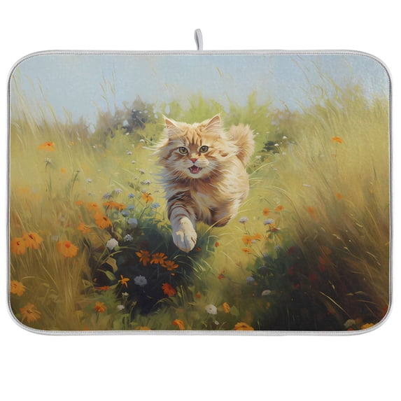 Cat in Grass Flowers Dish Drying Mat Dish Drainer Rack Mats Water Absorbent Non-Slip Easy Clean Heat Resistant for Kitchen Counter