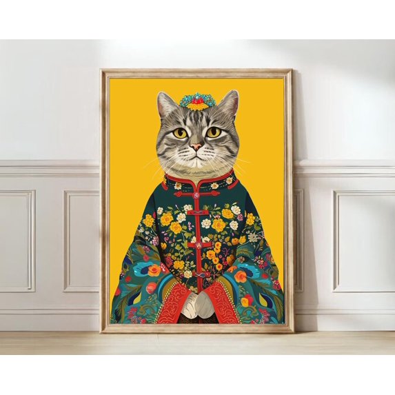 Curated visual reference: Fresh Look at Cat In Kimono Japanese Style Colorful Maximalist Eclectic Wall Art