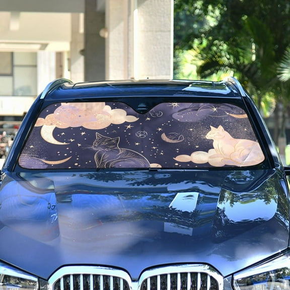 Cat in Moon Sky Clouds Automotive Front Car Windshield Sun Shade Reflector Foldable for Front Fit for Cars Truck SUVs