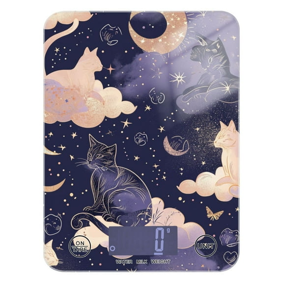 Cat in Moon Sky Clouds Food Scale Digital Kitchen Scale Waterproof Tempered Glass Tare Function 11 lb for Baking Cooking Meal Prep