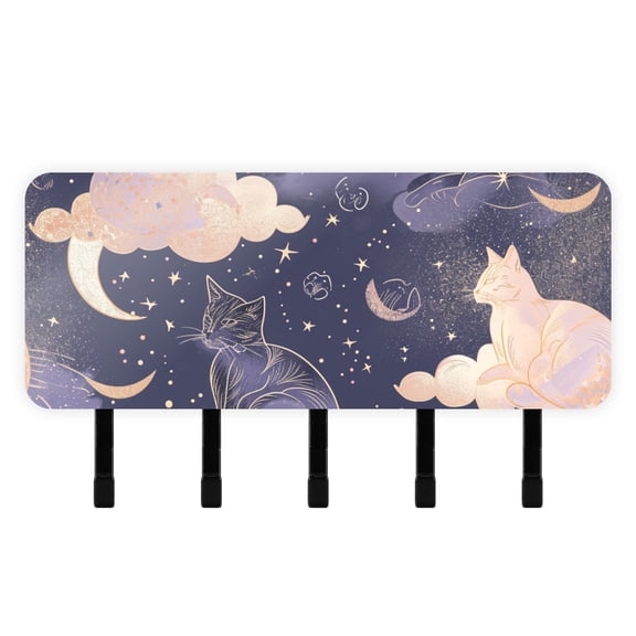Cat in Moon Sky Clouds Mail Holder Organizer Wall Mount with Shelf Key Holder Key Rack with 5 Key Hooks for Wall Decorative