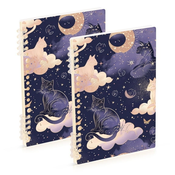 Cat in Moon Sky Clouds Ring Binder Notebook Journey Note Diary College Ruled Spiral Notebook Study Loose Leaf Paper A5 60 Pages
