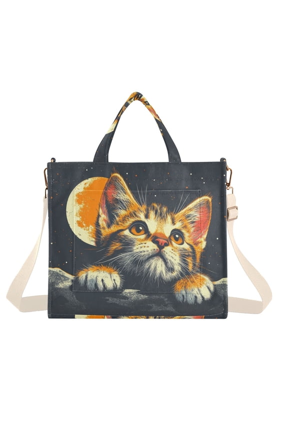 Cat in Moon Universe Corduroy Tote Bag Handbag Large Messenger Bag Shoulder Crossbody Zipper Bag Purse