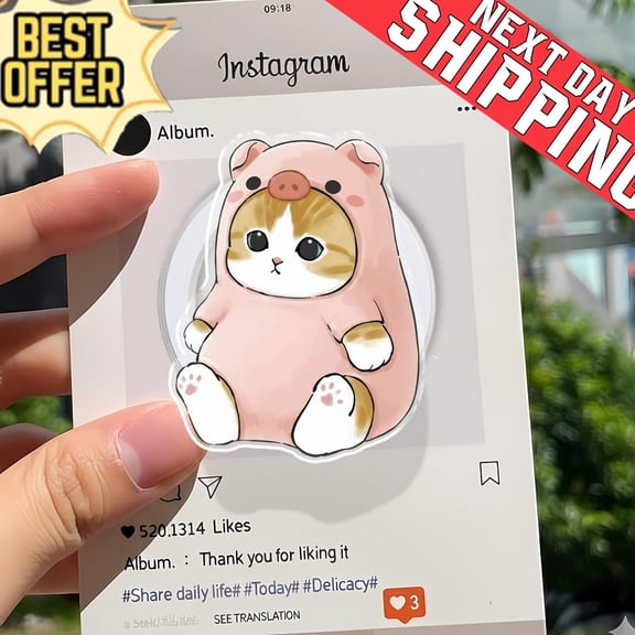 Cat in Pig Onesie Phone Grip, Aesthetic Kawaii MagSafe Pop Socket, Cute Kitten Animal Costume Gift, Whimsical Calico Mobile Stand