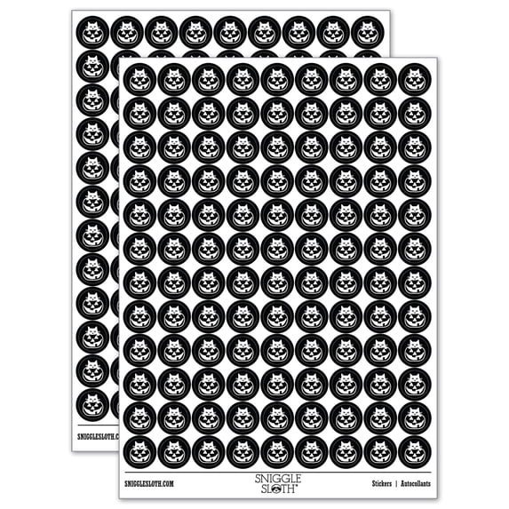Cat in Pumpkin Halloween 200+ Round Stickers - Black - Matte Finish - 0.50" Size