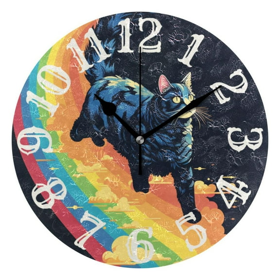Cat in Rainbow Clouds 10 inch Wall Clocks Non Ticking Easy to Read Battery Decorative for Home Bathroom Kitchen Bedroom Living Room
