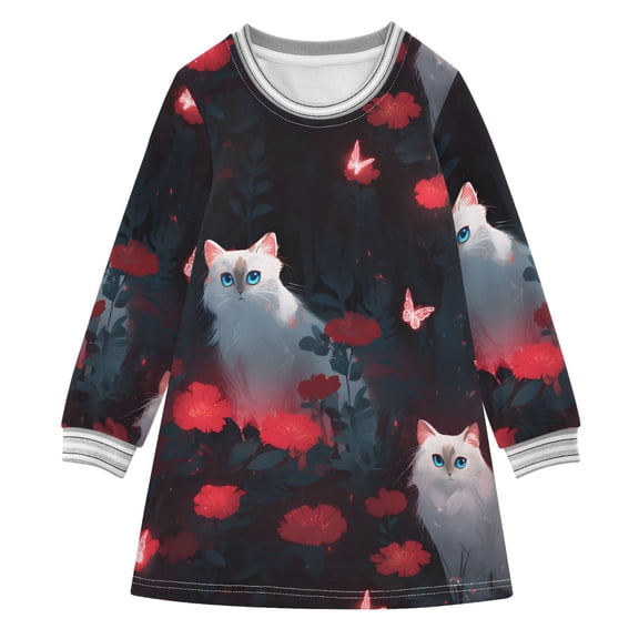 Cat in Red Garden Girls'long-sleeved dress Thickened A-dress Warm Dress Basic Shirt Party Dresses