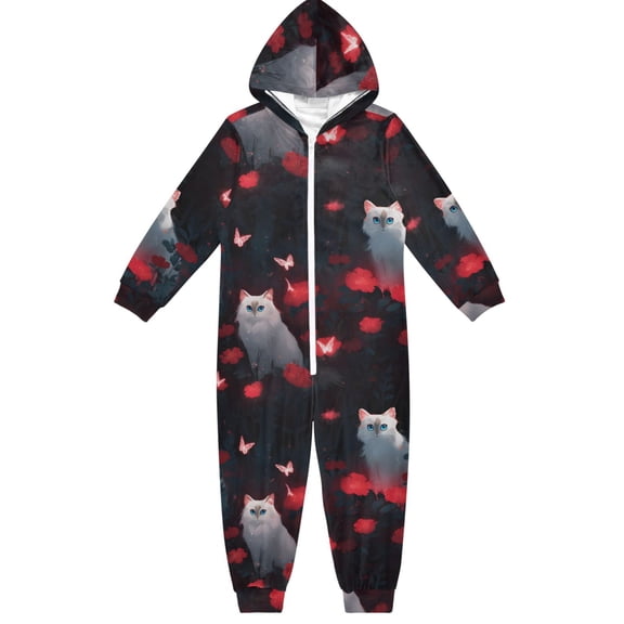 Cat in Red Garden One Piece Pajamas Soft Jumpsuit Cozy Sleep and Play Romper Zipper and Pockets 4T