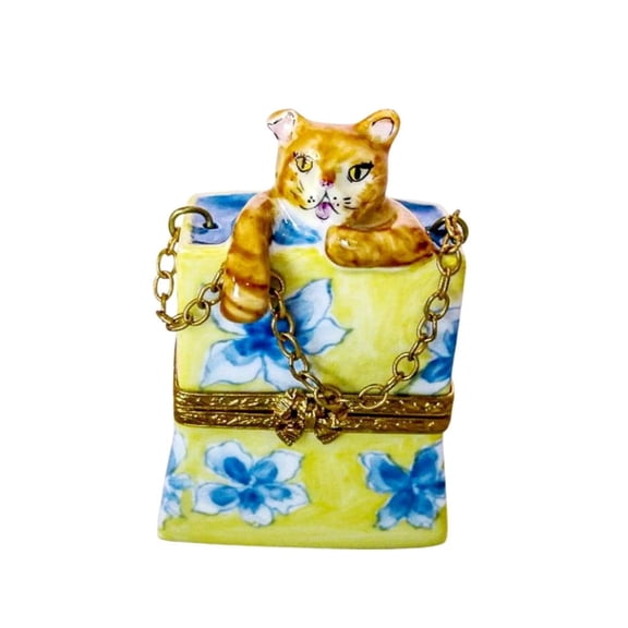 Cat in Shopping Bag Porcelain Limoges Trinket Box Limoges Box Porcelain Figurine