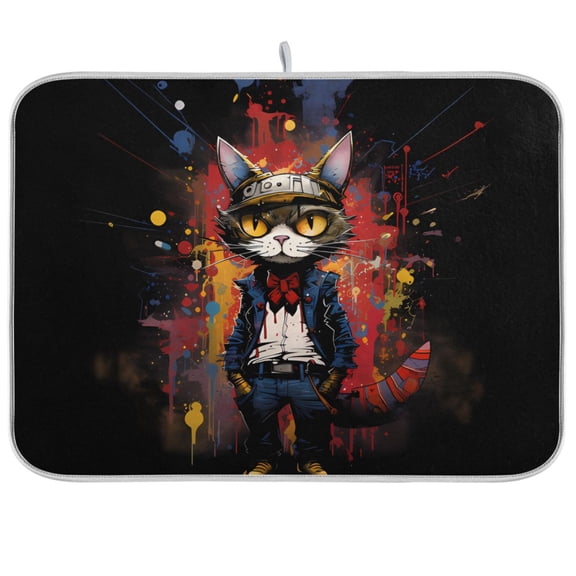 Cat in Suit Dish Drying Mat Dish Drainer Rack Mats Water Absorbent Non-Slip Easy Clean Heat Resistant for Kitchen Counter