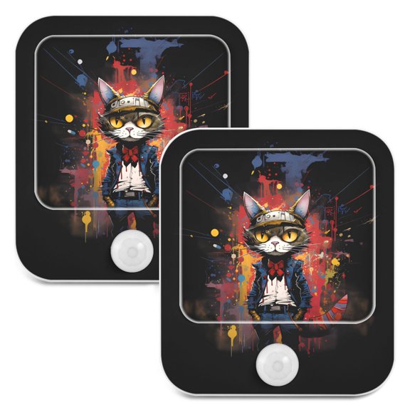 Cat in Suit Night Lights Plug into Wall LED with Auto Light Sensor Warm Light for Kids Hallway Bedroom Living Room Kitchen Bathroom Set of 2