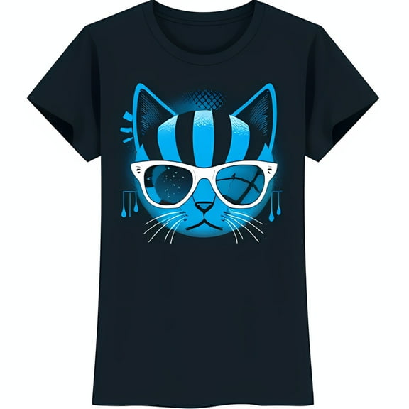 Cat in Sunglasses Graphic T-Shirt Retro Style Black Tee for Casual Wear