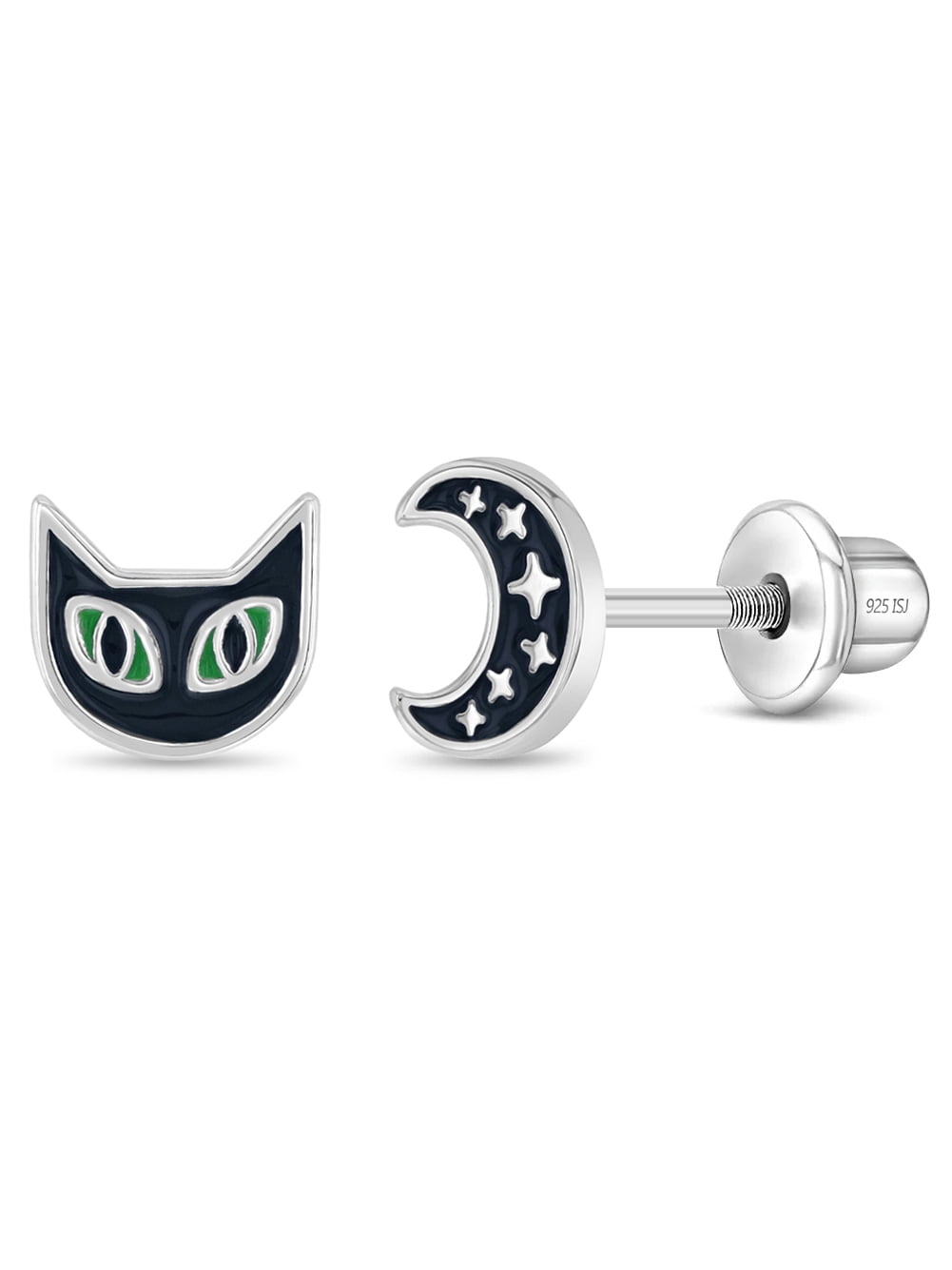 Cat in The Moon Kids / Girls Earrings Screw Back Enamel - Sterling Silver