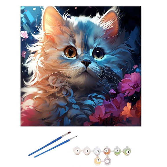 Cat in the Flowers 8×8 Inch DIY Digital Oil Painting – Canvas Art Kit (Easel Not Included)