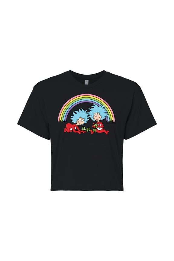 - Thing 1 2 Rainbow - Juniors Cropped Cotton Blend T-Shirt
