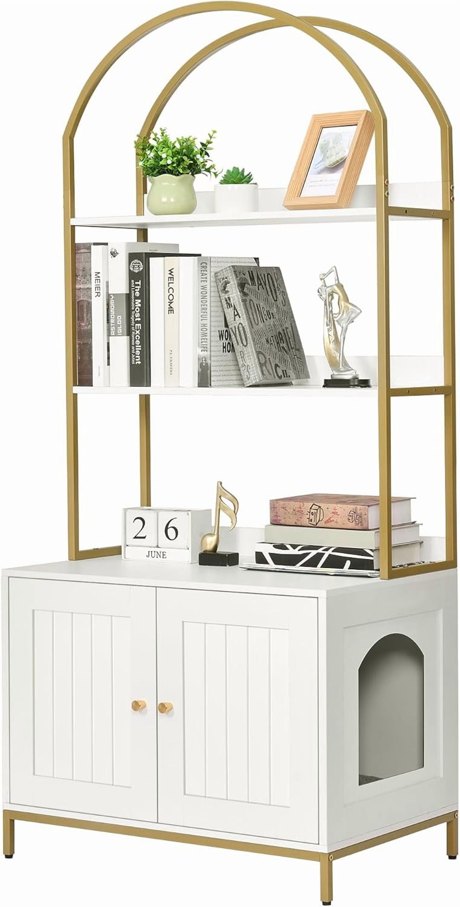 Cat litter box, cat litter box furniture with double-layer storage shelves, wooden cat restroom furniture with metal frame, modern style, white and gold