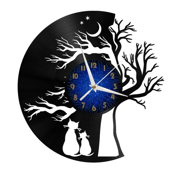 Cat looking at the moon Vinyl Record Wall Clock for Kitchen Wall Decor Wall Art Gift for Lover Gift Idea for a Best Friend(B)