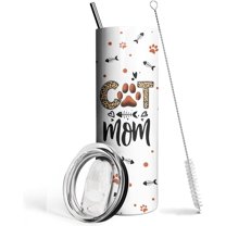 Cat mom Tumbler with Lid and Straw,20oz Cat Mom Paw Print Animal Stainless Steel Travel CoffeeMug Cup,Cat Mom Gifts for Women