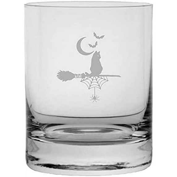 Cat on Broomstick Happy Halloween Etched 11oz Crystal Rocks Whisky Glass