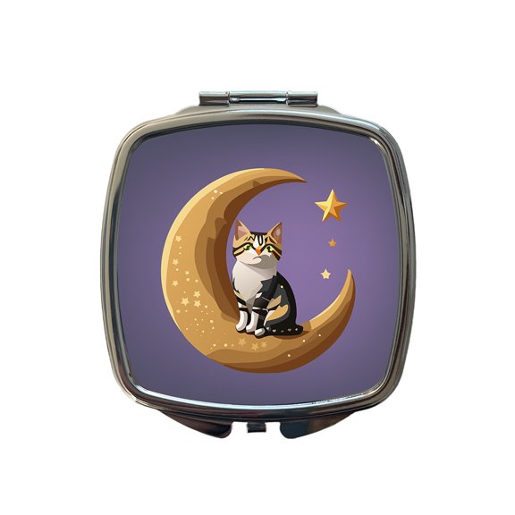 Cat on Crescent Moon Stars Cute Travel Makeup Handbag Purse Small Pocket Compact Mirror