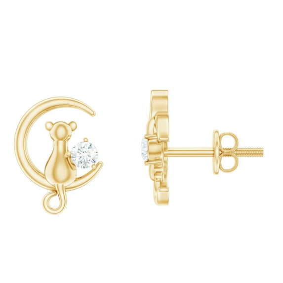 Rosec Jewels Cat on Moon Stud Earrings with Diamond for Women (HI-SI Quality, April Birthstone), 18K Yellow Gold