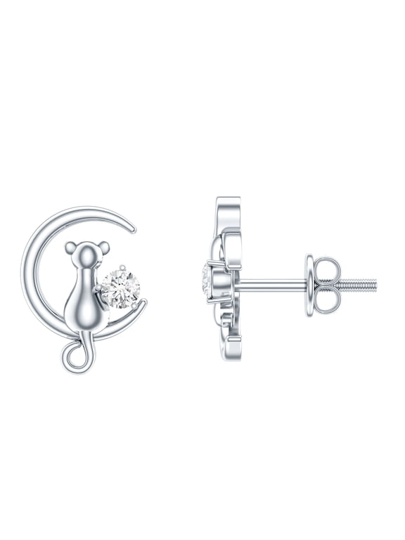 Cat on Moon Stud Earrings with Diamond for Women (HI-SI Quality) - with Screw Back - Ready to Gift, 925 Sterling Silver