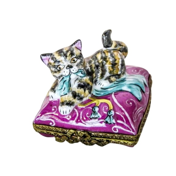 Cat on Pink Pillow Porcelain Limoges Trinket Box Collectible Limoges Box Porcelain Figurine