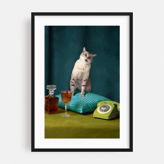 Cat on fancy cushion - Photography Cat Vintage Humor Retro Cocktail Animal Mid-Century Modern Black Framed Wall Art Print 5 x 7 inches