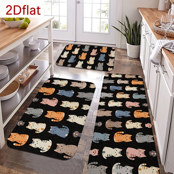 Cat-pattern Kitchen Mat Set, 3-Piece Black Background Colorful Kitten Design, Non-Slip Flannel Mat, Thickened Sponge, Machine Washable Home Decor